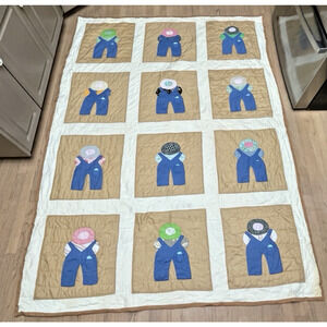 Sunbonnet Sam Vtg Quilt Tan Handmade Hand Stitched Farm Granny Core Twin 83x63"
